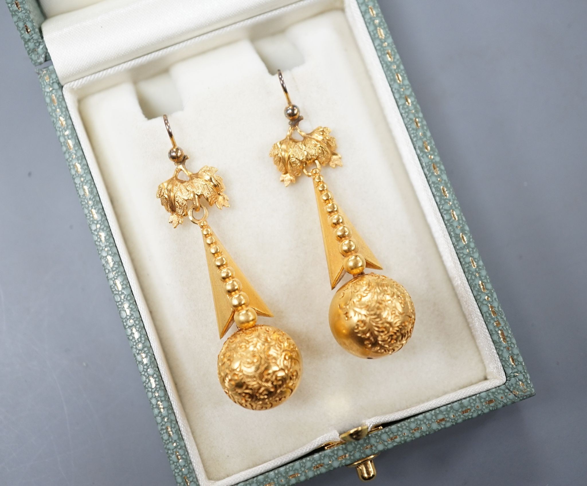 A pair of yellow metal drop earrings, 43mm